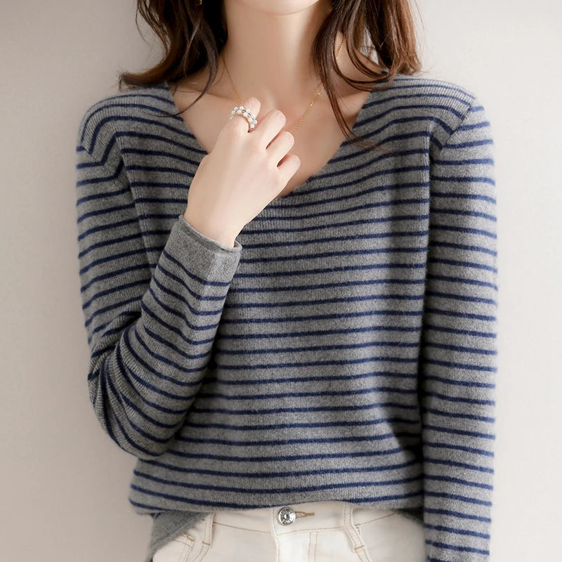 Striped V-neck Women's All-Match Loose Sweater