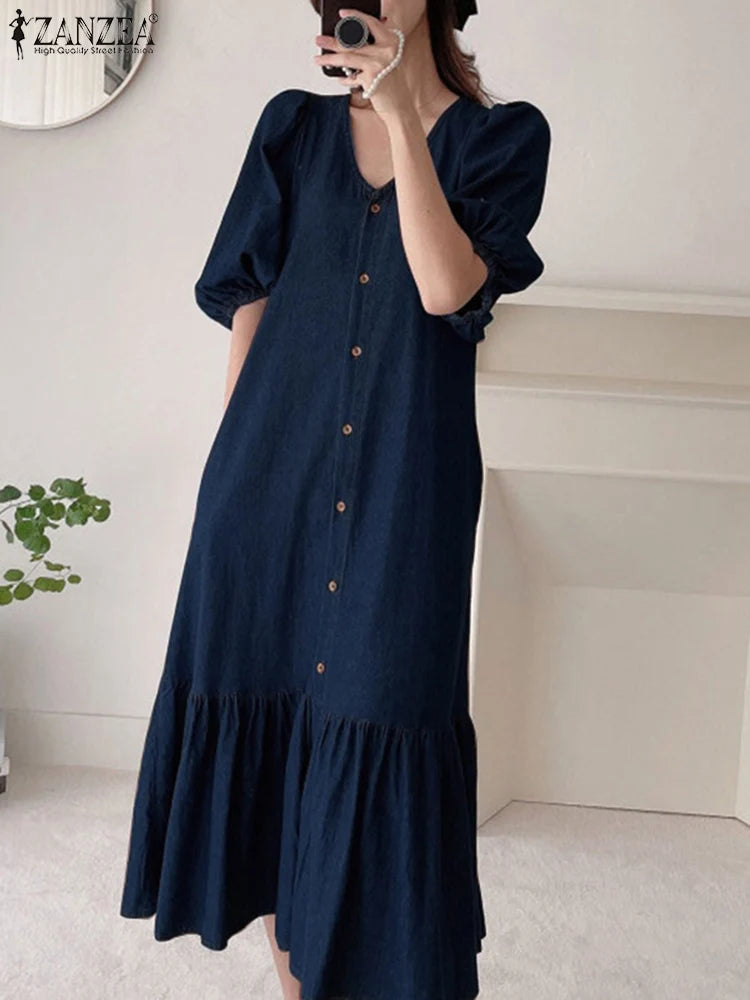 Fashion Retro Women Dress Summer Puff Sleeve Maxi Casual