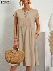 Women Linen Casual Dress O-Neck Short Sleeve Cotton Sundress