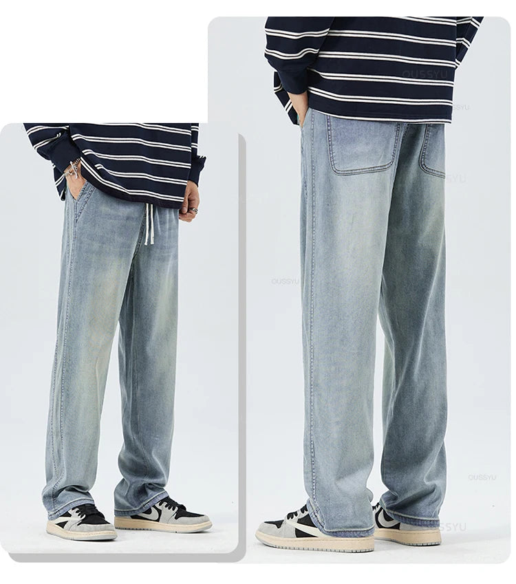 Jeans Men Elastic Waist Loose Straight Thick Denim Trousers