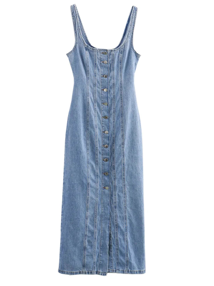 Women front buttons denim midi camisole dress vintage round neck