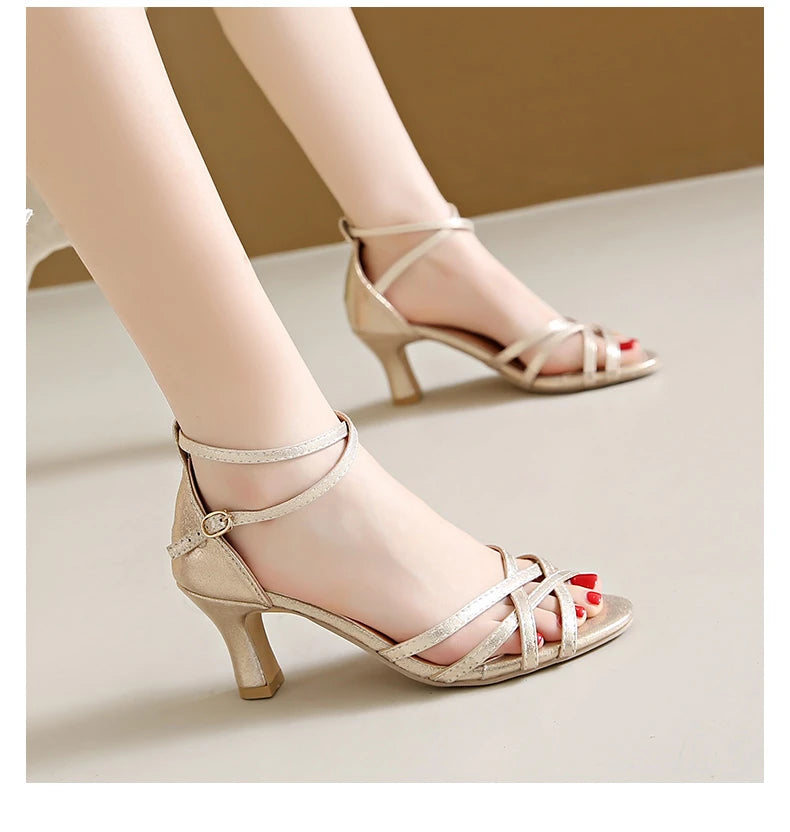 Solid Color 7cm Thin Heels Ankle Strap Sandals