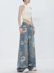 Fashion Printed Jeans Retro Floral Denim Trousers Style Wide-leg Jean Pants