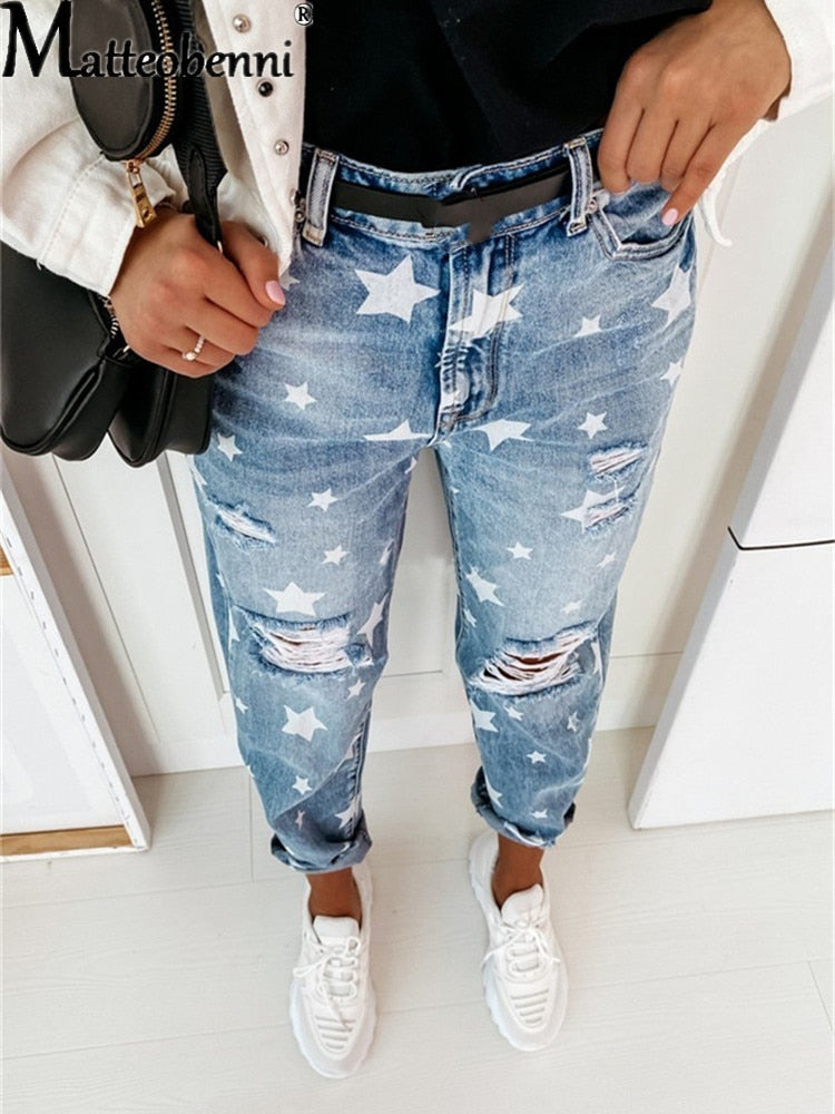 Boyfriend Slim Hole Star Ripped Jeans Street Casual