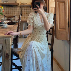 Vintage Floral Elegant Lace Chiffon Puff Sleeve V Neck Midi Dress