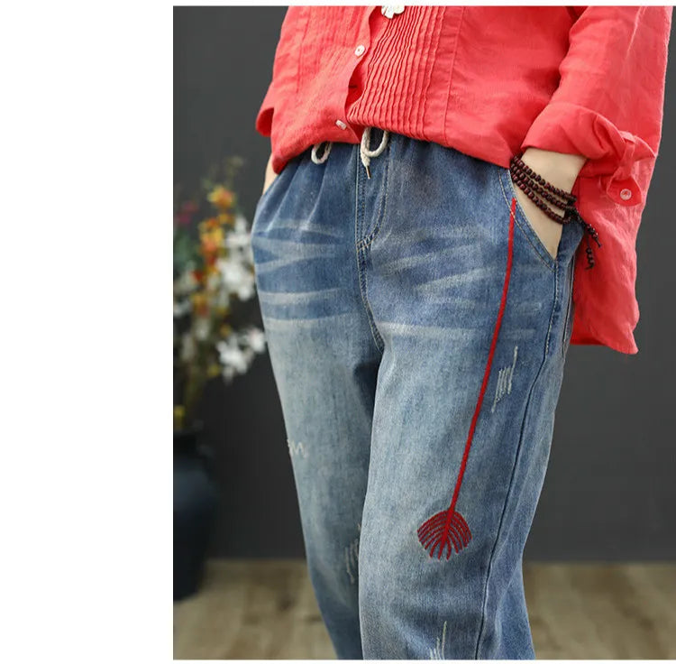 Fashion Ripped Loose Jeans Casual Embroidery Denim Trousers Vintage