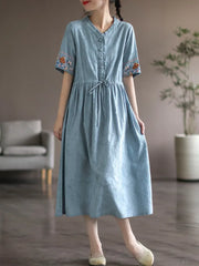 Women Cotton Linen Casual Dress Vintage Style V-neck Floral