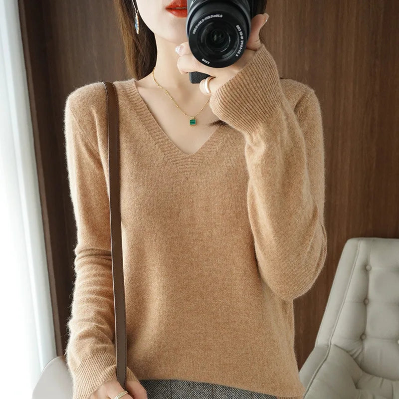 Women's Sweater Knitted Pullovers V-neck Slim Fit Jumpers Basic