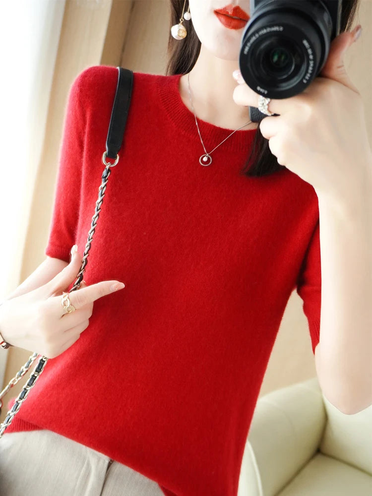 Short-sleeved Knitwear Women O-neck T-shirt Blend Pullover Sweater