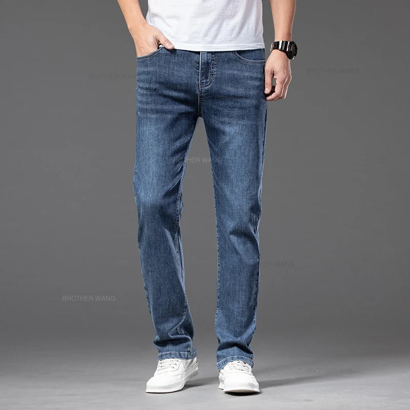 Men's Thin Jeans Elastic Waist Loose Straight Comfortable Casual Denim Pants