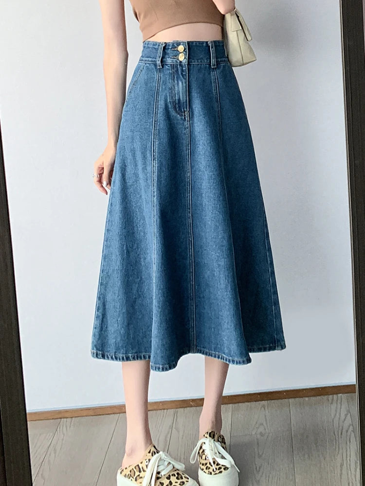 Streetwear Lady Denim Mid Length Skirt Casual High Waist