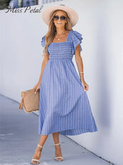 Striped Smocked Midi Dress Square Neck Ruffle Short Sleeve