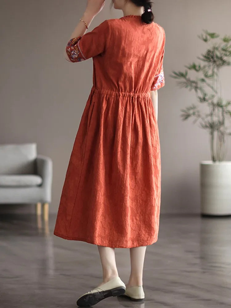 Women Cotton Linen Casual Dress Vintage Style V-neck Floral