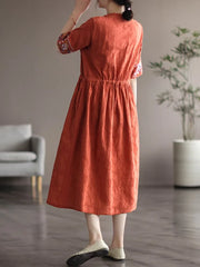 Women Cotton Linen Casual Dress Vintage Style V-neck Floral