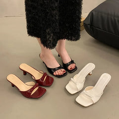 Bow Knot Slides Square Toe Summer Shoes 6.5cm Thin Heel Slipper