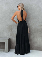 Solid Halter Neck Lace Up Pleated Long Dress