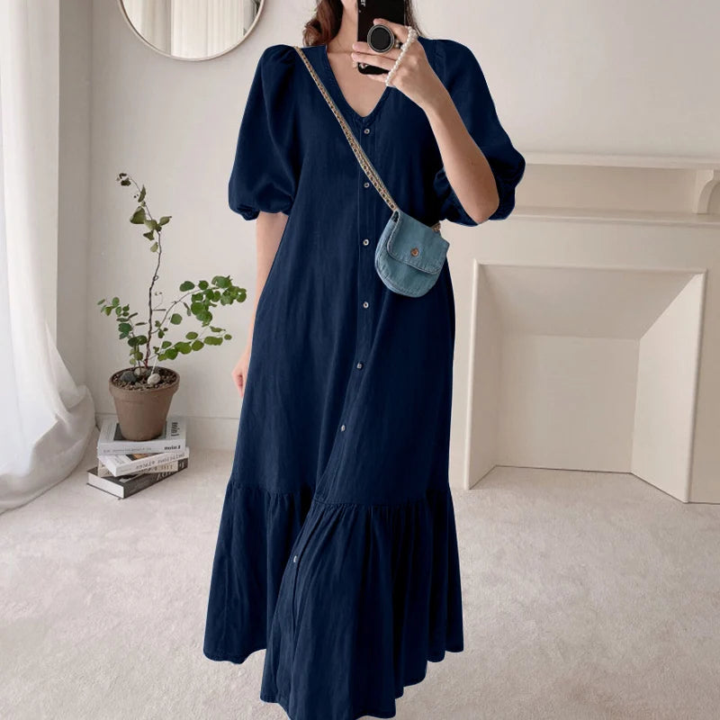 Fashion Retro Women Dress Summer Puff Sleeve Maxi Casual