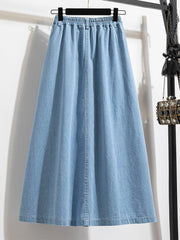 Denim High Elastic Waist Color Fashion A Line Midi Jeans Skirts