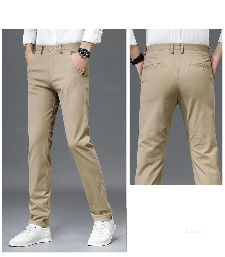 Casual Pants Men Solid Color Business Fashion Straight Slim Fit Trousers