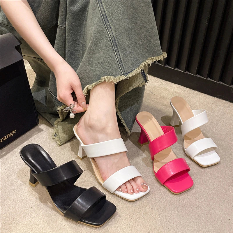 8cm Thin Heels Slides Square Toe Straps Sandals