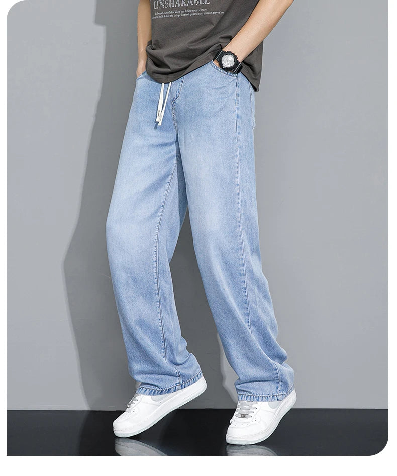 Men's Baggy Jeans Drawstring Elastic Waist Fashion Denim Wide-leg