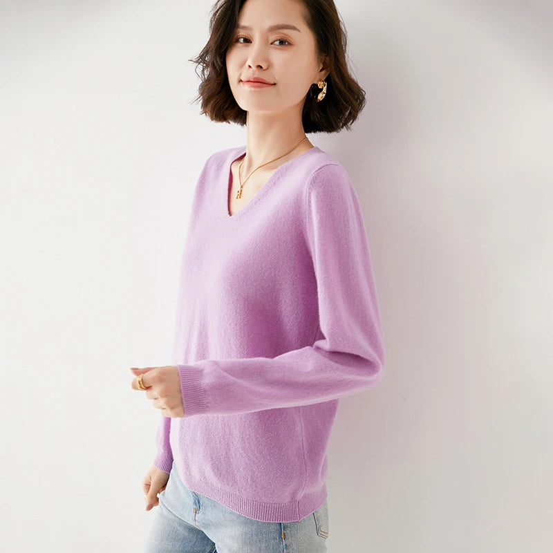 Pure Wool V-Neck Loose Pullover Sweater Basic Style All-Match Knitted