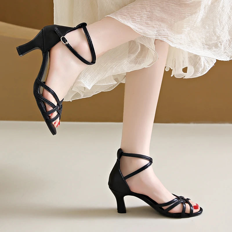 Solid Color 7cm Thin Heels Ankle Strap Sandals