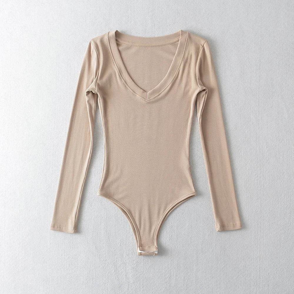 Top Clothing Solid V-Neck Long Sleeve Pullover Bodysuit