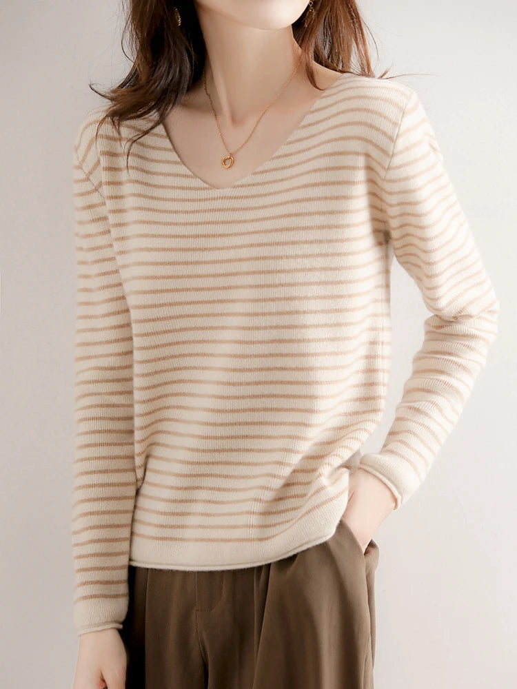 Striped V-neck Women's All-Match Loose Sweater