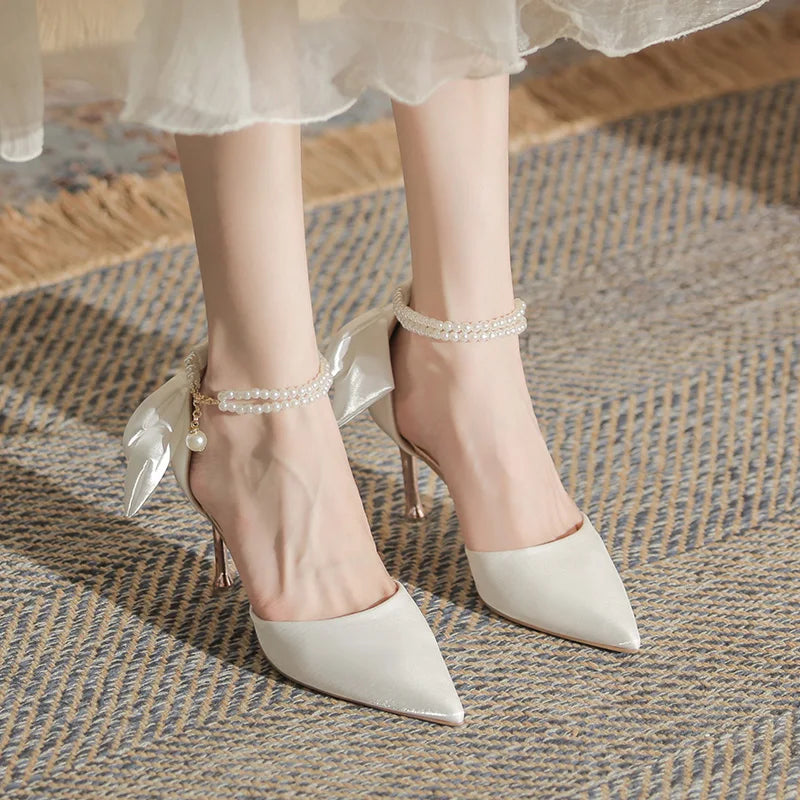 Thin Heel Hollow Sandals Pearl Butterfly Pointed Toe High Heels