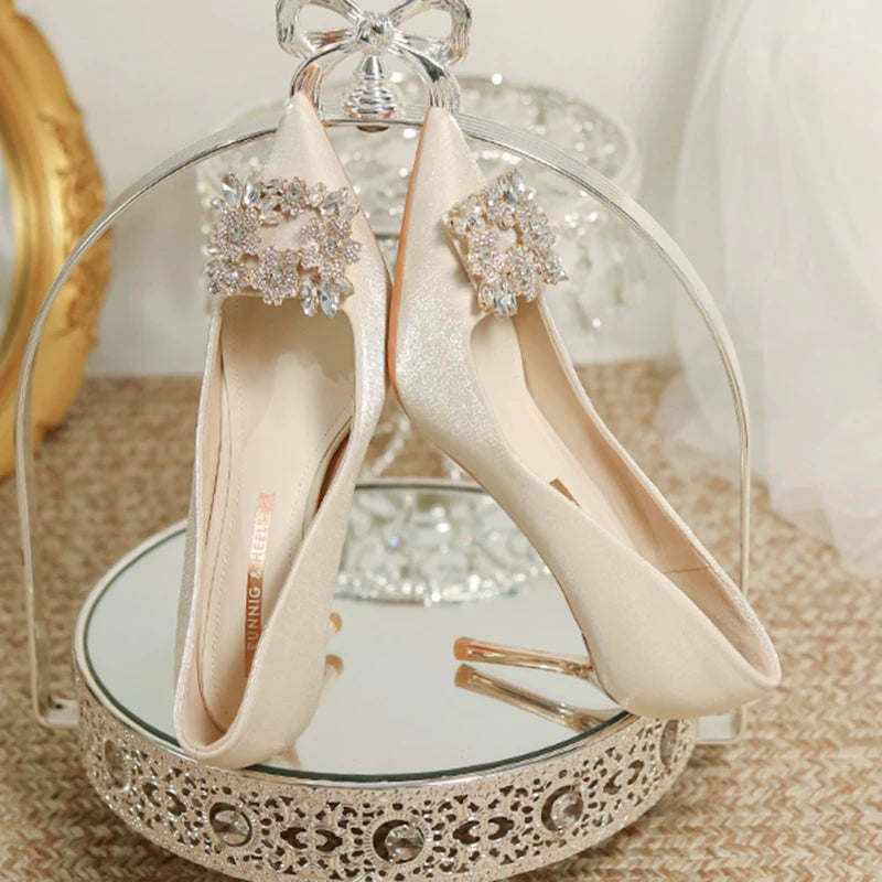 Women's Crystal Square Buckle High Heels Pumps