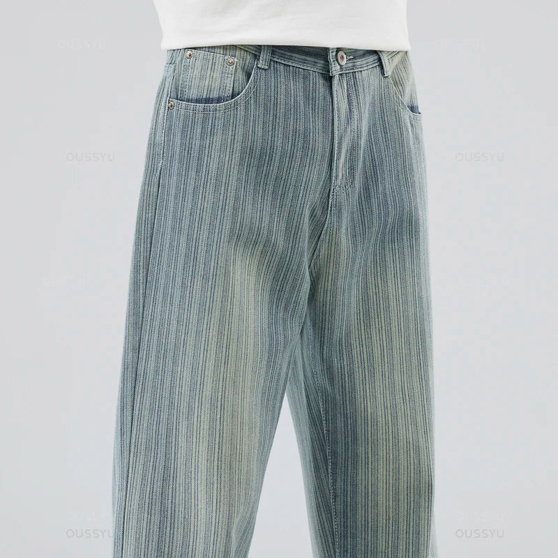 Classic Retro Stripes Men's Jeans Baggy Straight Denim Pants