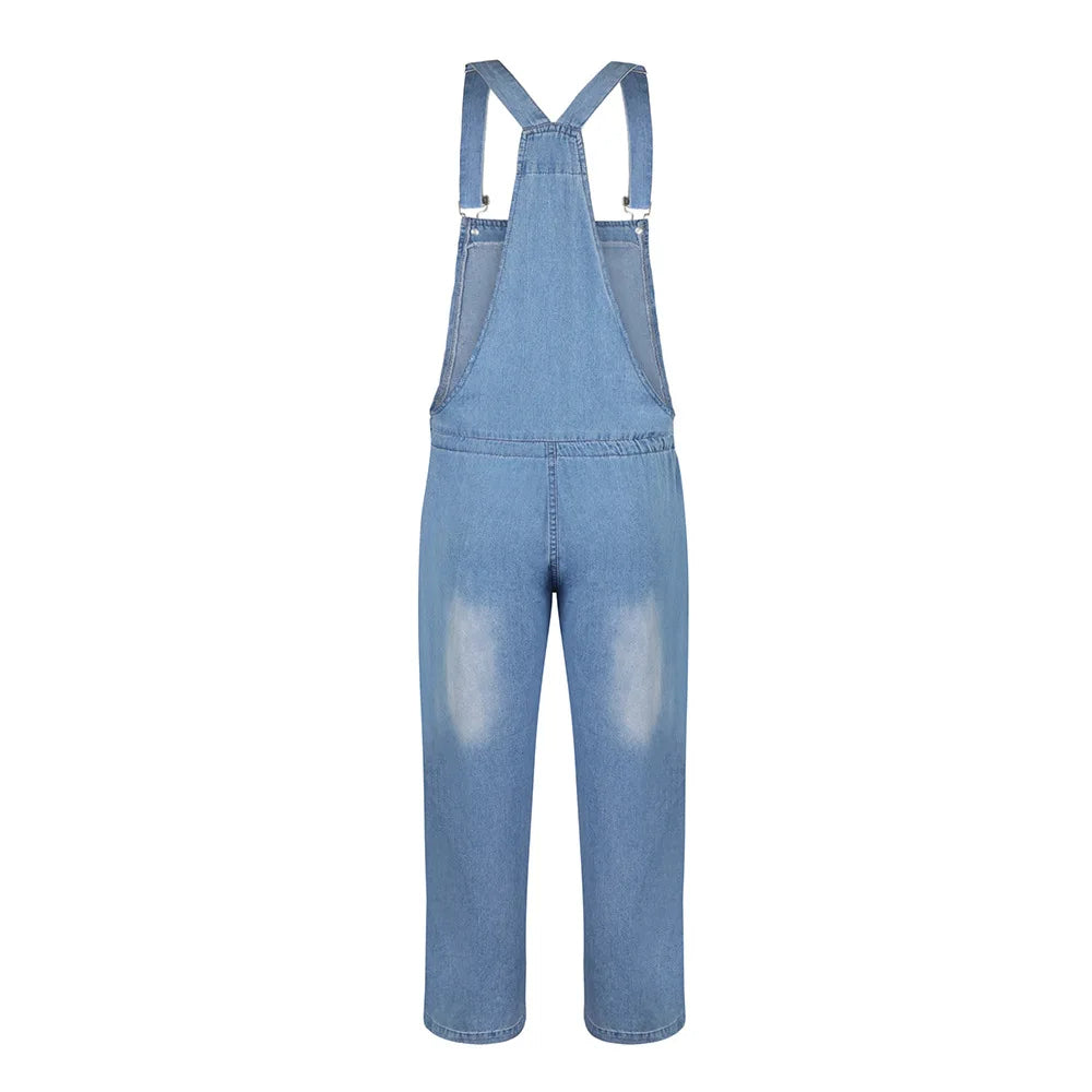 Sleeveless Cotton Blue Denim Jumpsuits Casual Drawstring Waist L