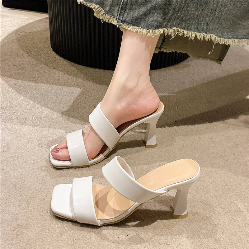 8cm Thin Heels Slides Square Toe Straps Sandals