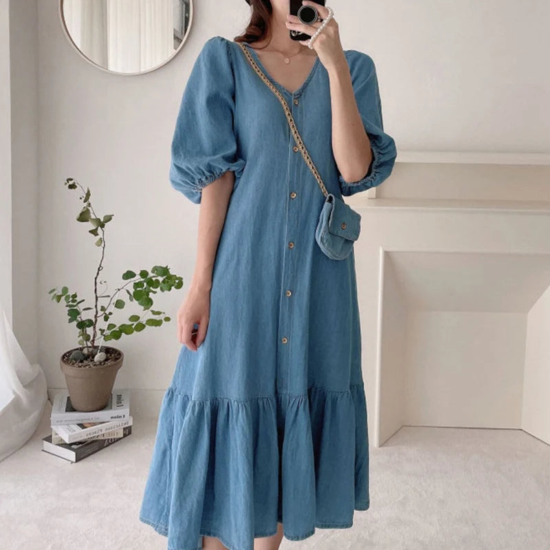 Fashion Retro Women Dress Summer Puff Sleeve Maxi Casual