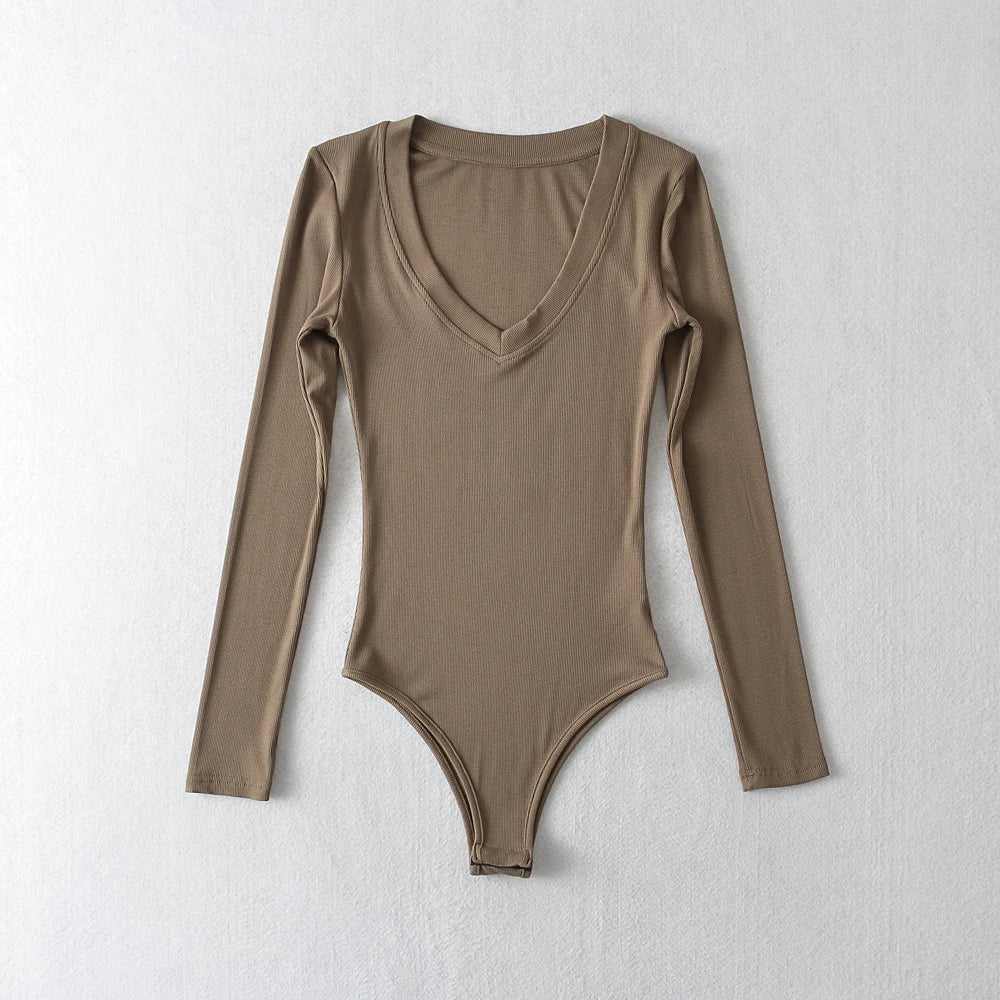 Top Clothing Solid V-Neck Long Sleeve Pullover Bodysuit