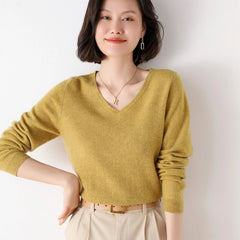 Pure Wool V-Neck Loose Pullover Sweater Basic Style All-Match Knitted