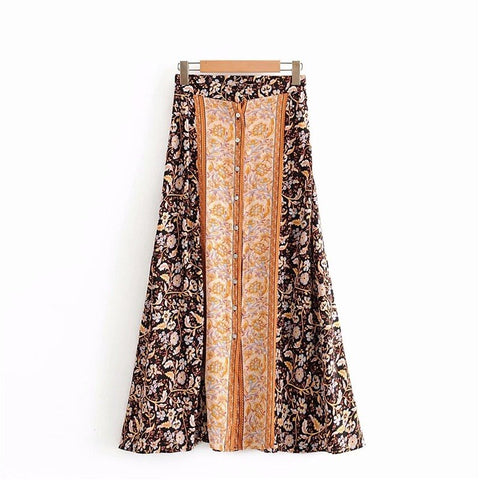 Hippie Front Button Cute Floral Printed Bohemian Long Maxi Skirts