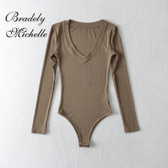 Top Clothing Solid V-Neck Long Sleeve Pullover Bodysuit