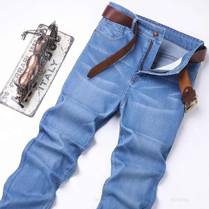 Men's Jeans Straight Blue Jean Casual Business Denim Trousers