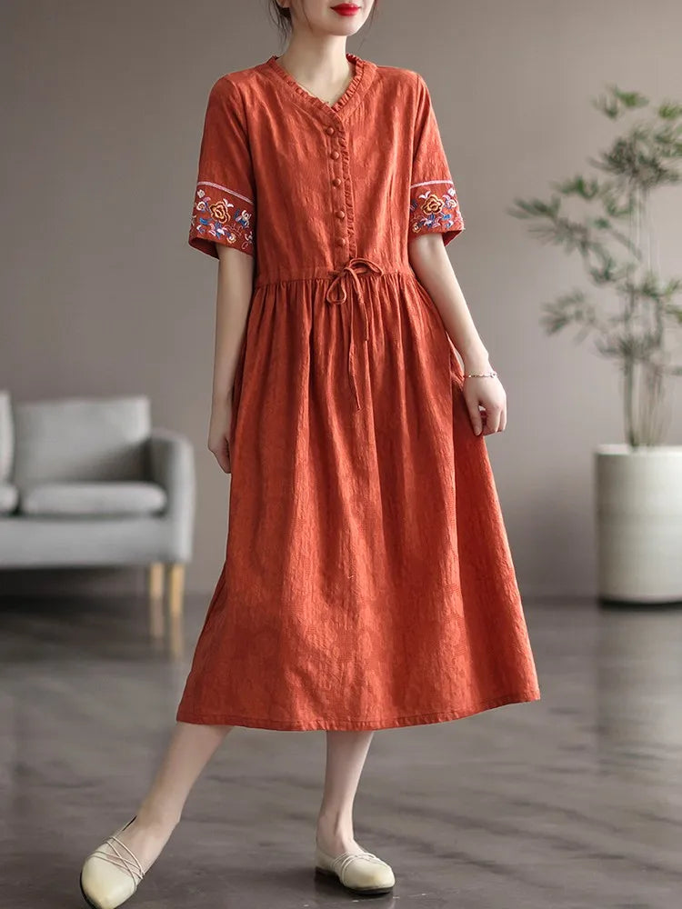 Women Cotton Linen Casual Dress Vintage Style V-neck Floral