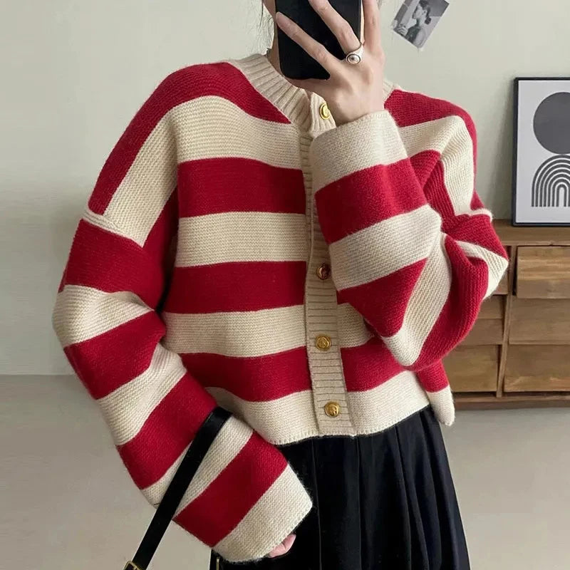 Striped Knitted Cardigans Button Up Loose Cardigan Sweaters