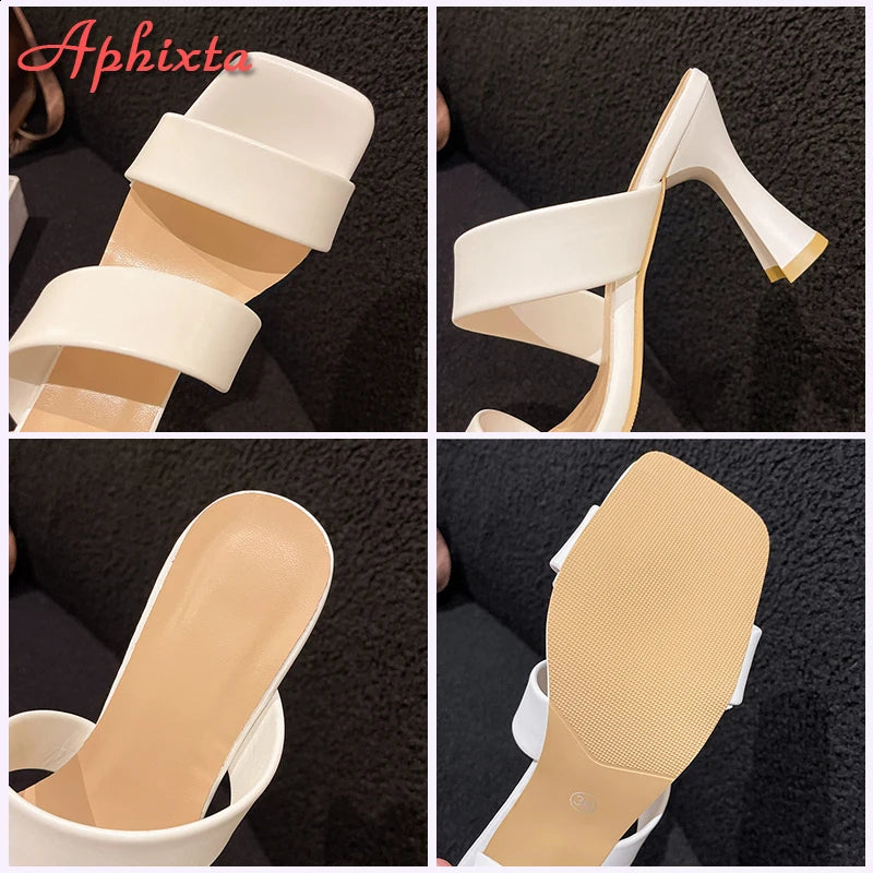 8cm Thin Heels Slides Square Toe Straps Sandals