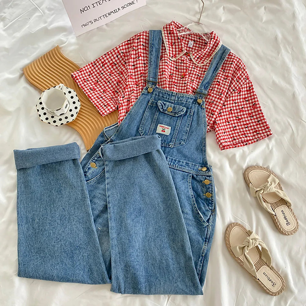 Retro Blue Strap Denim Pants Jeans Overalls Streetwear Casual