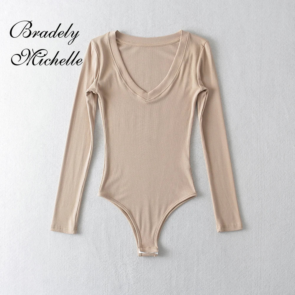 Top Clothing Solid V-Neck Long Sleeve Pullover Bodysuit