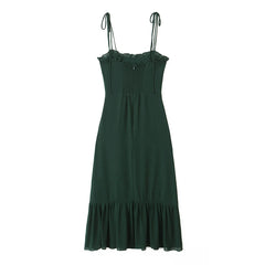 Retro French Wood ears V neck Plain Green Spaghetti Strap Midi Dress