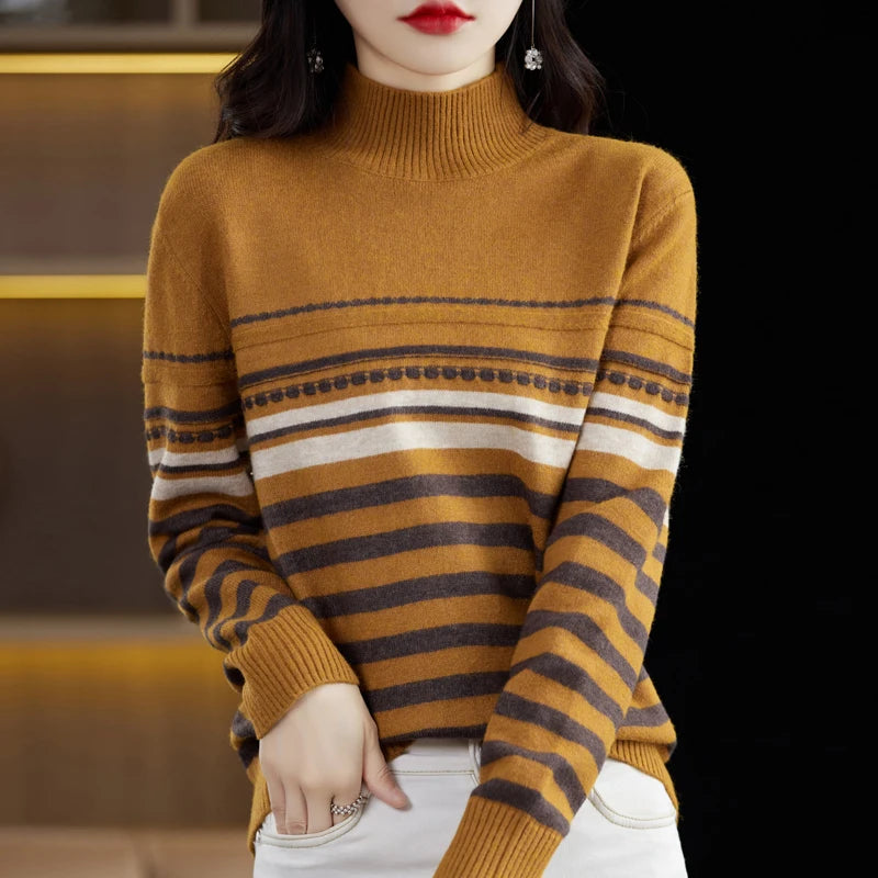 Half-high Collar Color Strip Pullover Casual Knit Base Shirt Warm Top