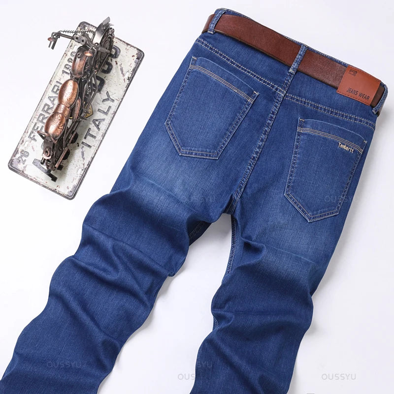 Men's Jeans Straight Blue Jean Casual Business Denim Trousers