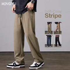 Clothing Stripe Corduroy Pants Men Elastic Waist Drawstring Casual Trousers