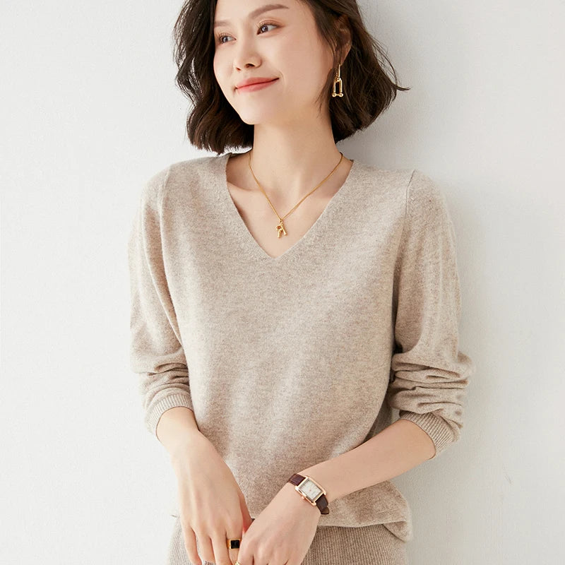 Pure Wool V-Neck Loose Pullover Sweater Basic Style All-Match Knitted